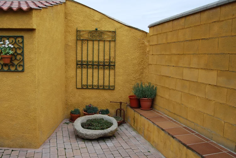 Rincón del patio con macetas en casa rural Maello